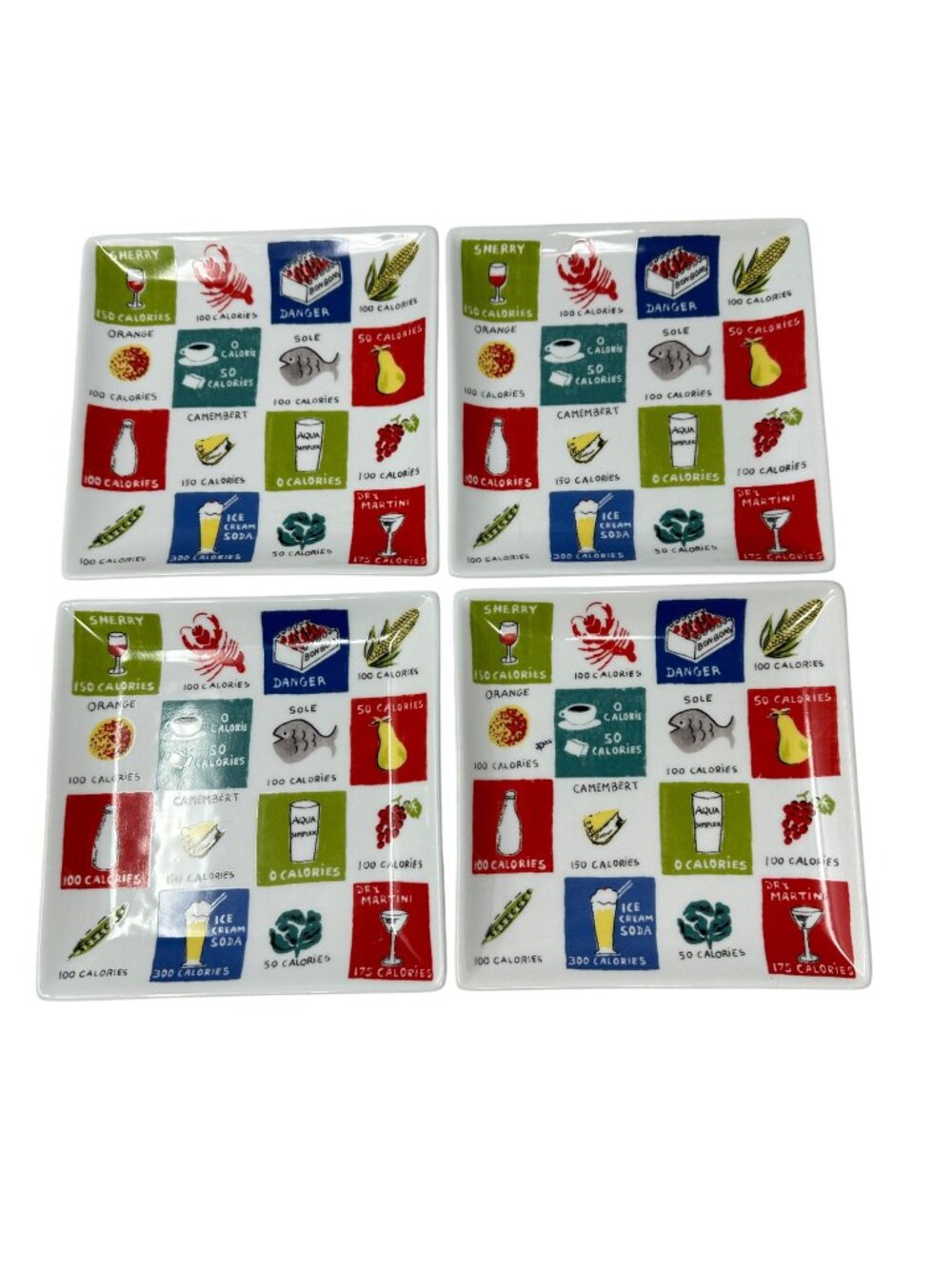 2006 Boston Warehouse Snack Plates 4 Pc Set Ceramic Food Calorie Illustrations
